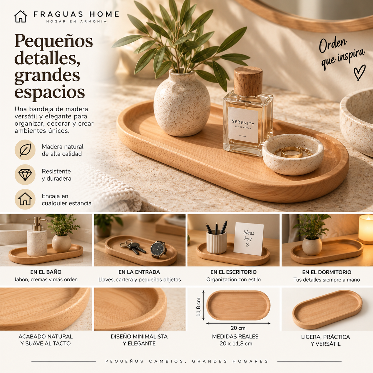 Bandeja de madera clara Fraguas Home en composición premium para distintos espacios del hogar
