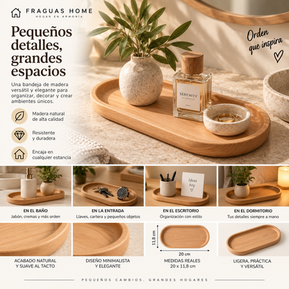 Bandeja de madera clara Fraguas Home en composición premium para distintos espacios del hogar