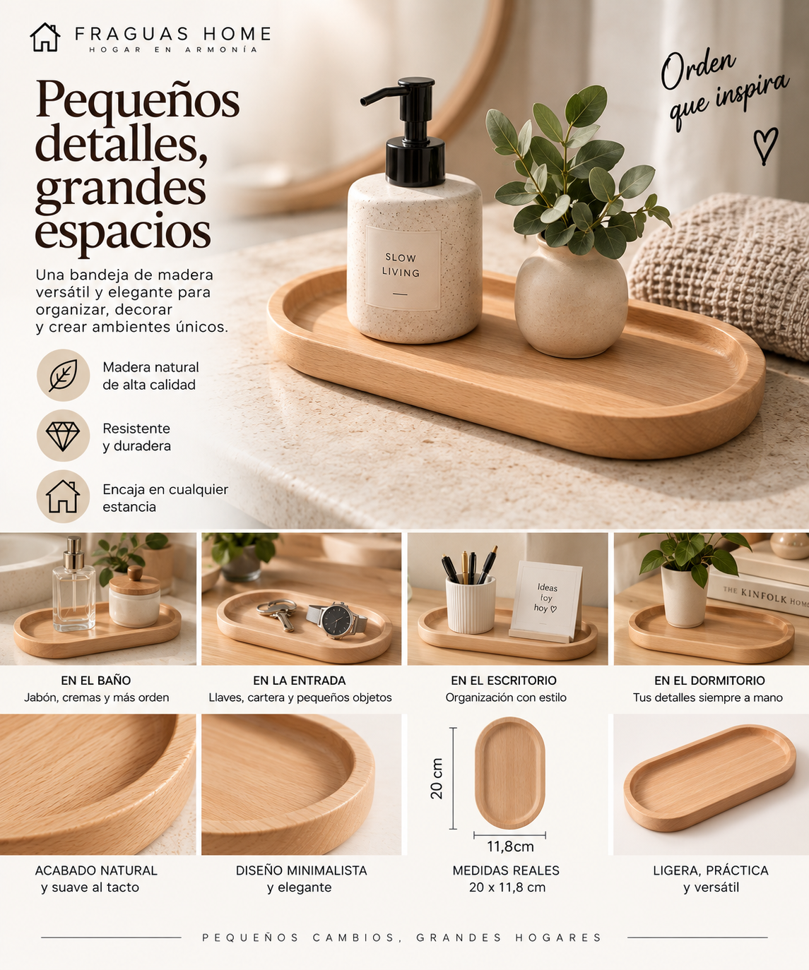 Bandeja de madera clara Fraguas Home con beneficios y medidas reales 20 x 11,8 cm