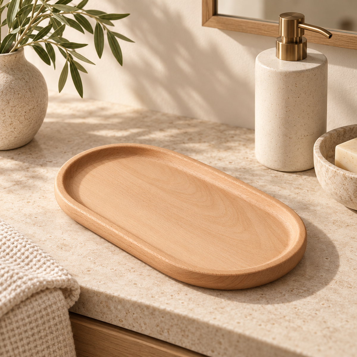 Bandeja de madera clara Fraguas Home en ambiente premium de baño