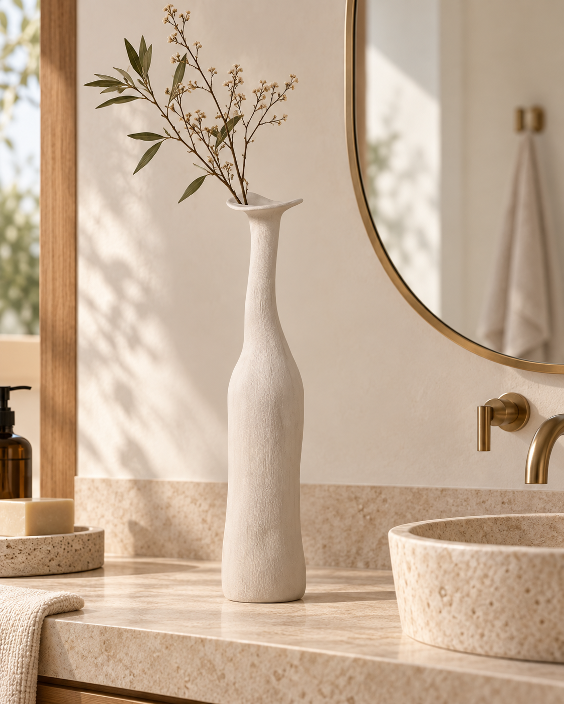 Jarrón Morandi B blanco en baño mediterráneo