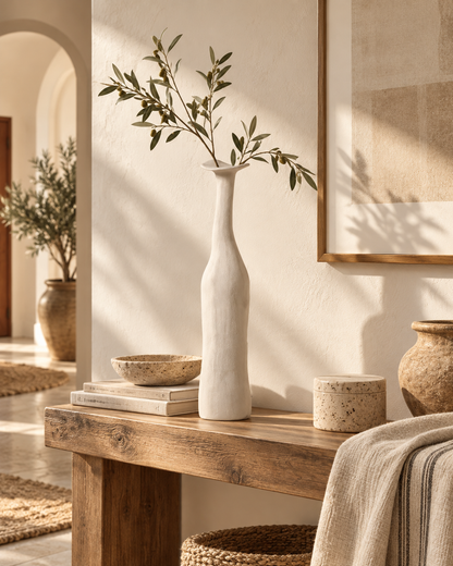 Jarrón Morandi B blanco con ramas de olivo sobre consola de madera