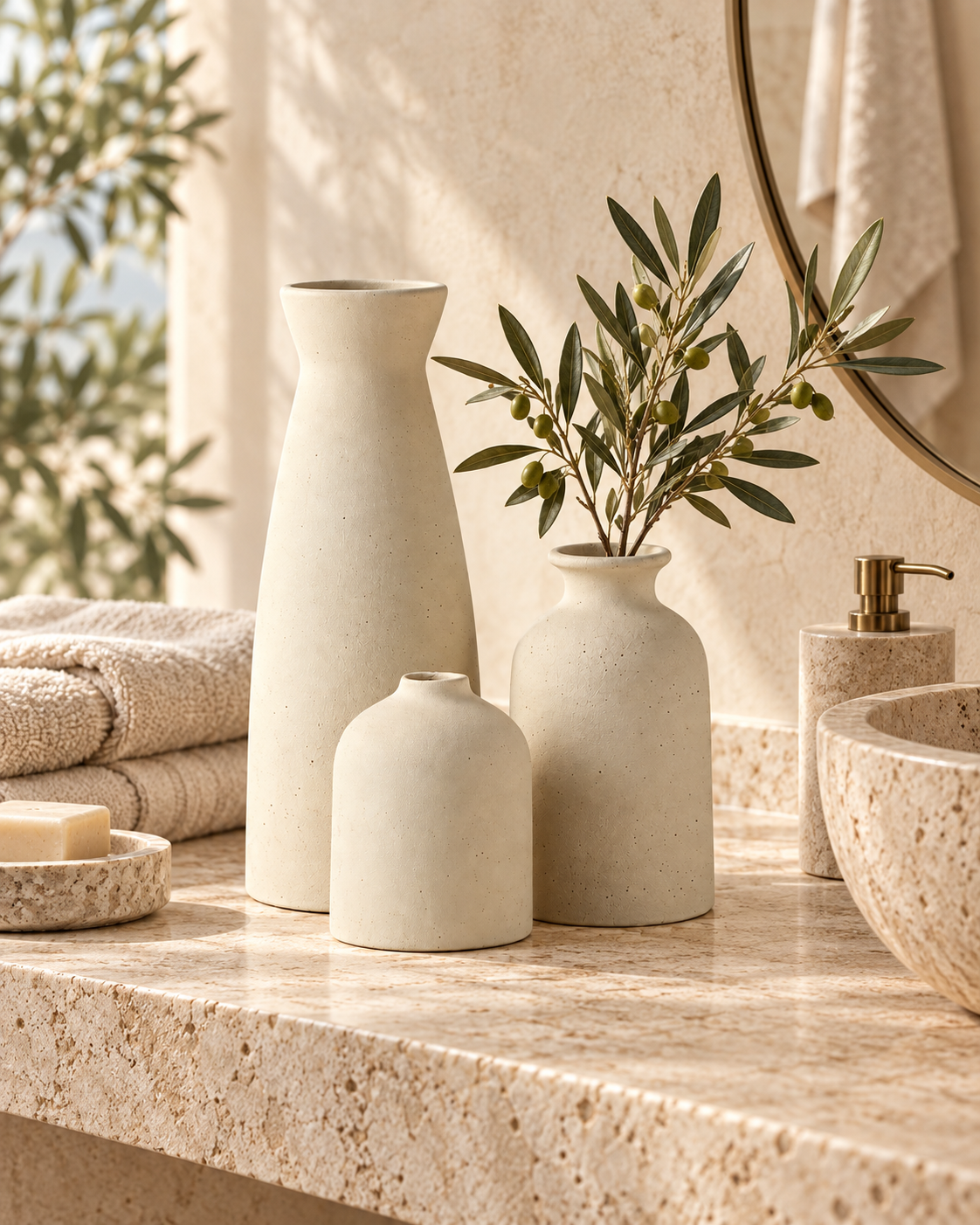 Set Bone Beige de tres jarrones en baño mediterráneo