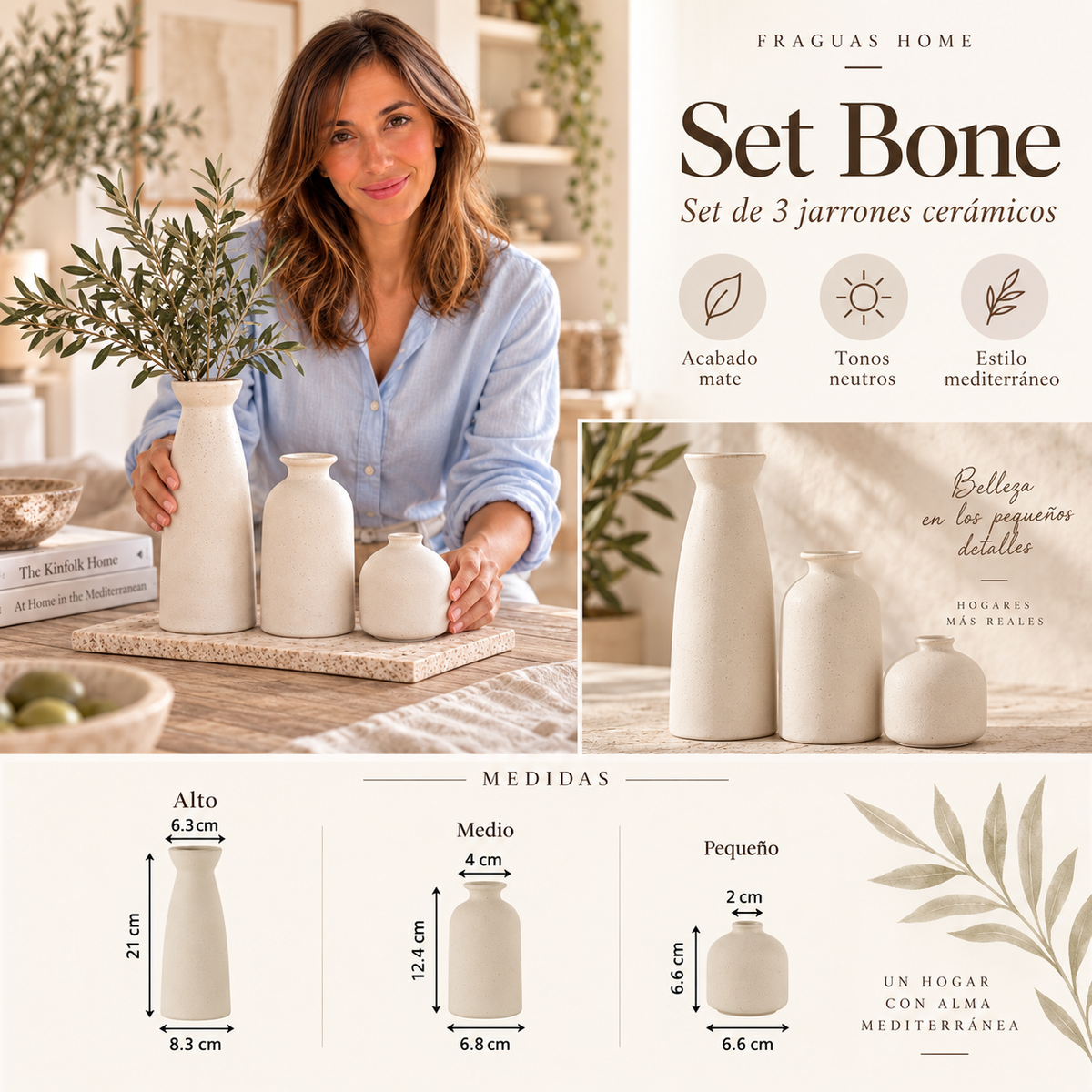 Set Bone Beige de tres jarrones Fraguas Home con medidas reales y escena lifestyle