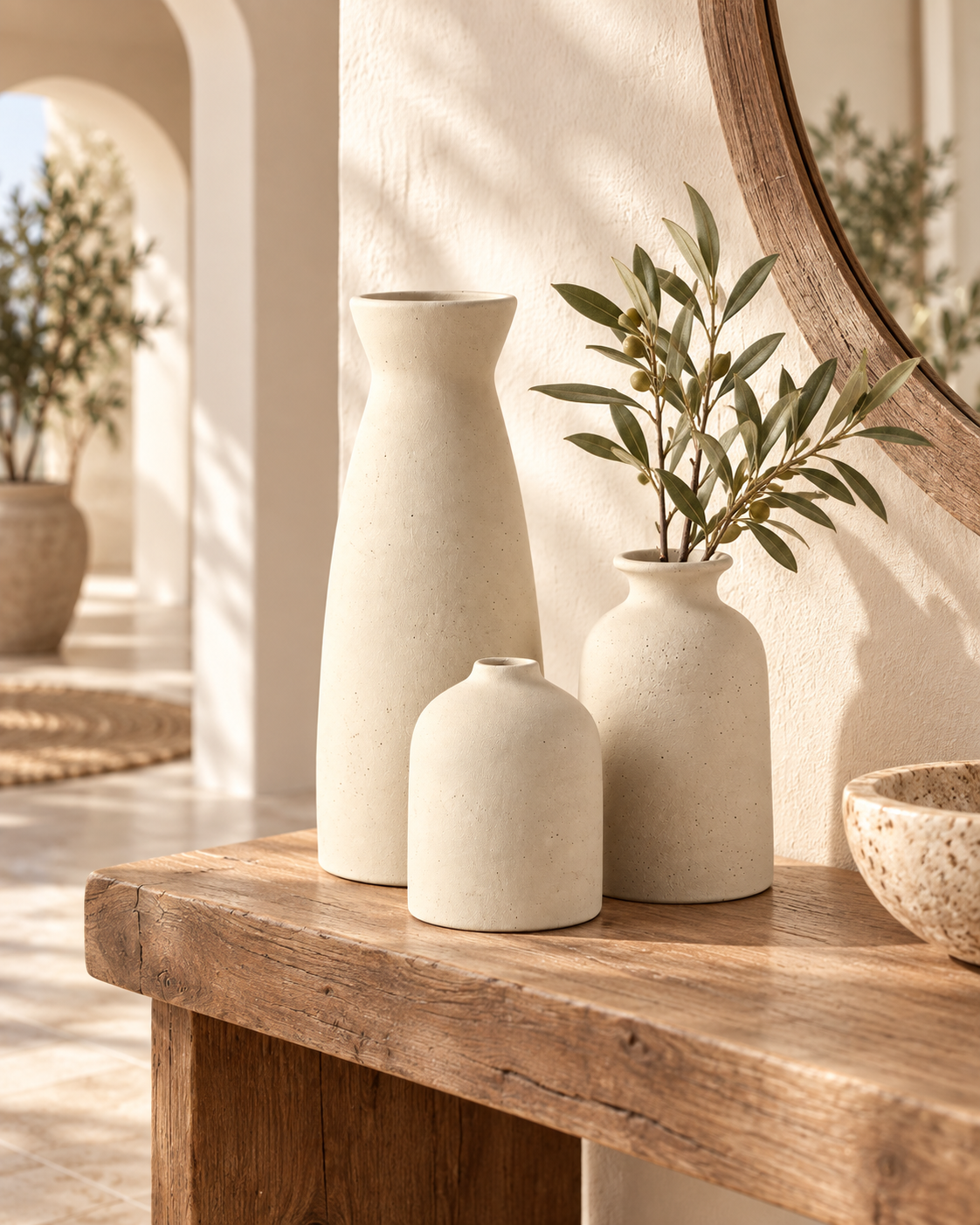 Set Bone Beige de tres jarrones en recibidor mediterráneo