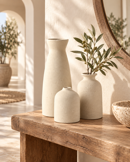 Set Bone Beige de tres jarrones en recibidor mediterráneo